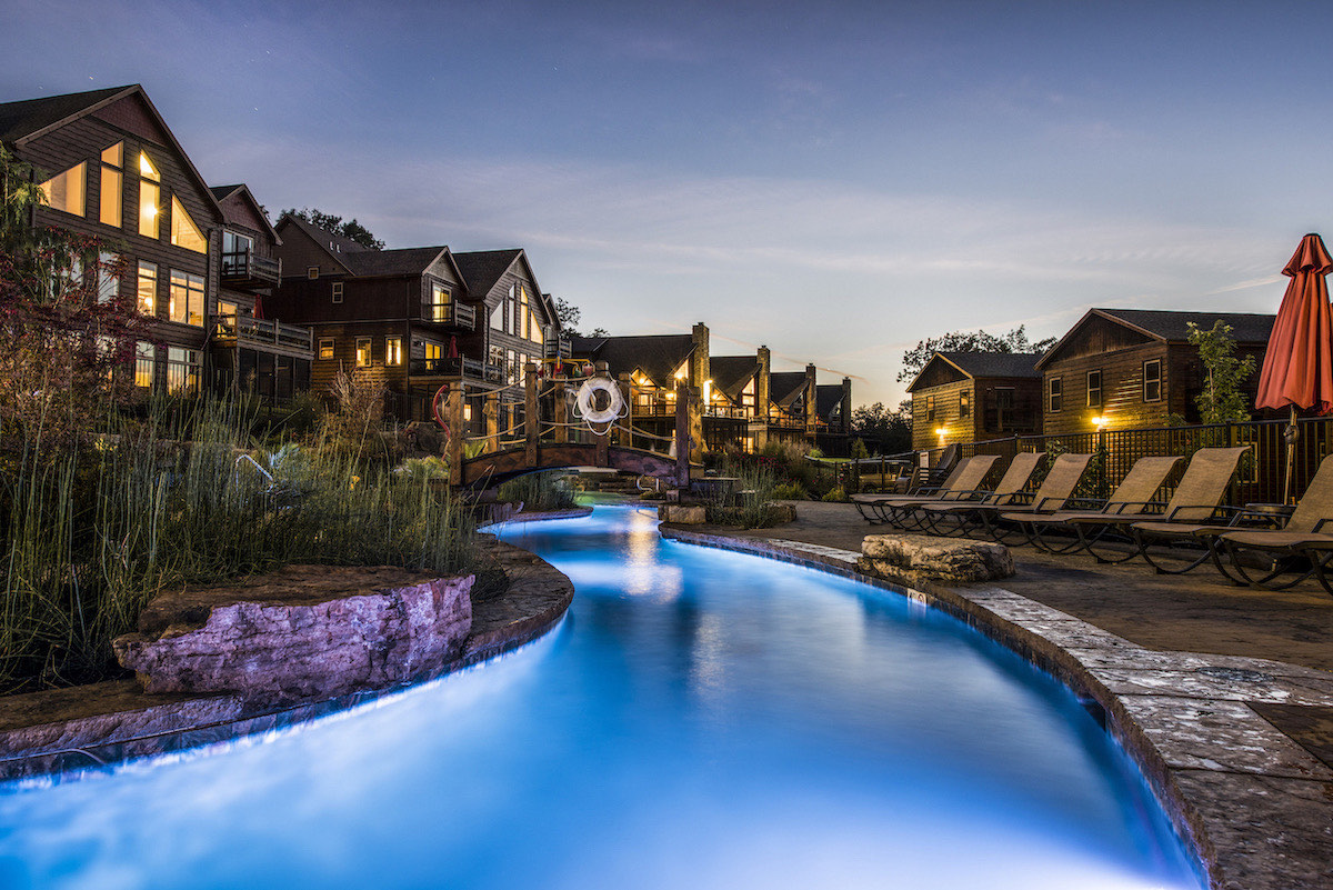 WaterMill Cove pool illuminated at night